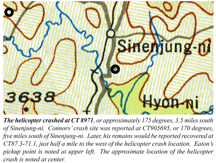 The helicopter crashed at CT 8971, or approximately 175 degrees, 3.5 miles south of Sinenjung-ni. Connors’ crash site was reported at CT905695, or 170 degrees, five miles south of Sinenjung-ni. Later, his remains would be reported recovered at CT87.3-71.1, just half a mile to the west of the helicopter crash location. Eaton’s pickup point is noted at upper left. The approximate location of the helicopter crash is noted at center.